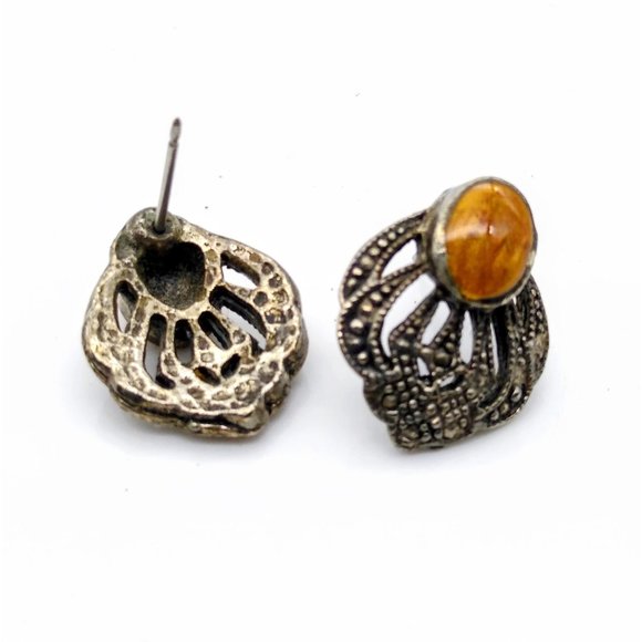 Vintage Terra Cotta Stud Earrings, Brown Enamel and Silver Tone Faux Marcasite - Picture 4 of 4